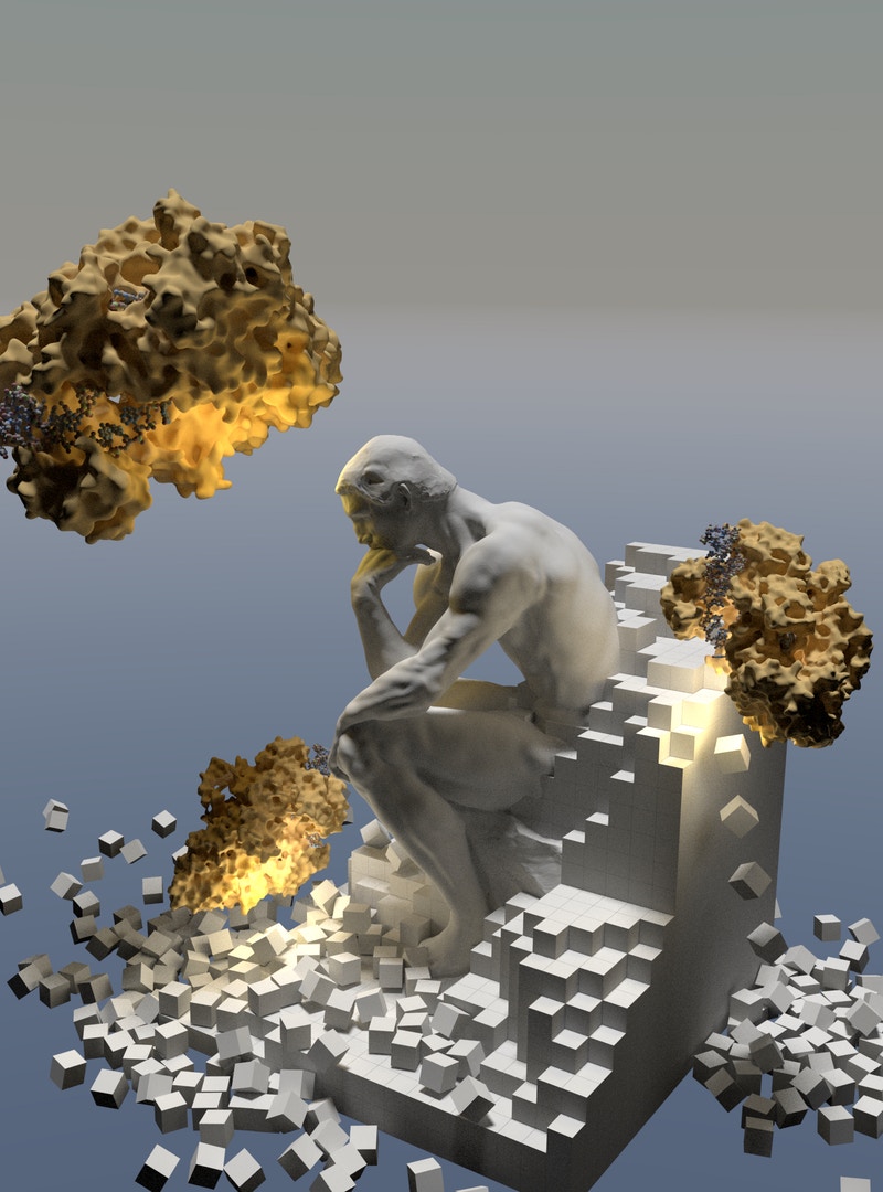 Reminiscent of Auguste Rodin’s credo “I choose a block of marble and chop off whatever I don’t need,” the Wyss Institute and MIT team used the CRISPR-Cas system (yellow-brownish structures) to alter biomaterials by selective removal of single-stranded DNA cross-linkers that are attached to hydrogels or hold them together. This approach enables the stimulus-specific release of chemical compounds, active enzymes, nanoparticles and cells, as well as materials that can convert biological into electric information. @ Peter Q. Nguyen/Wyss Institute at Harvard University