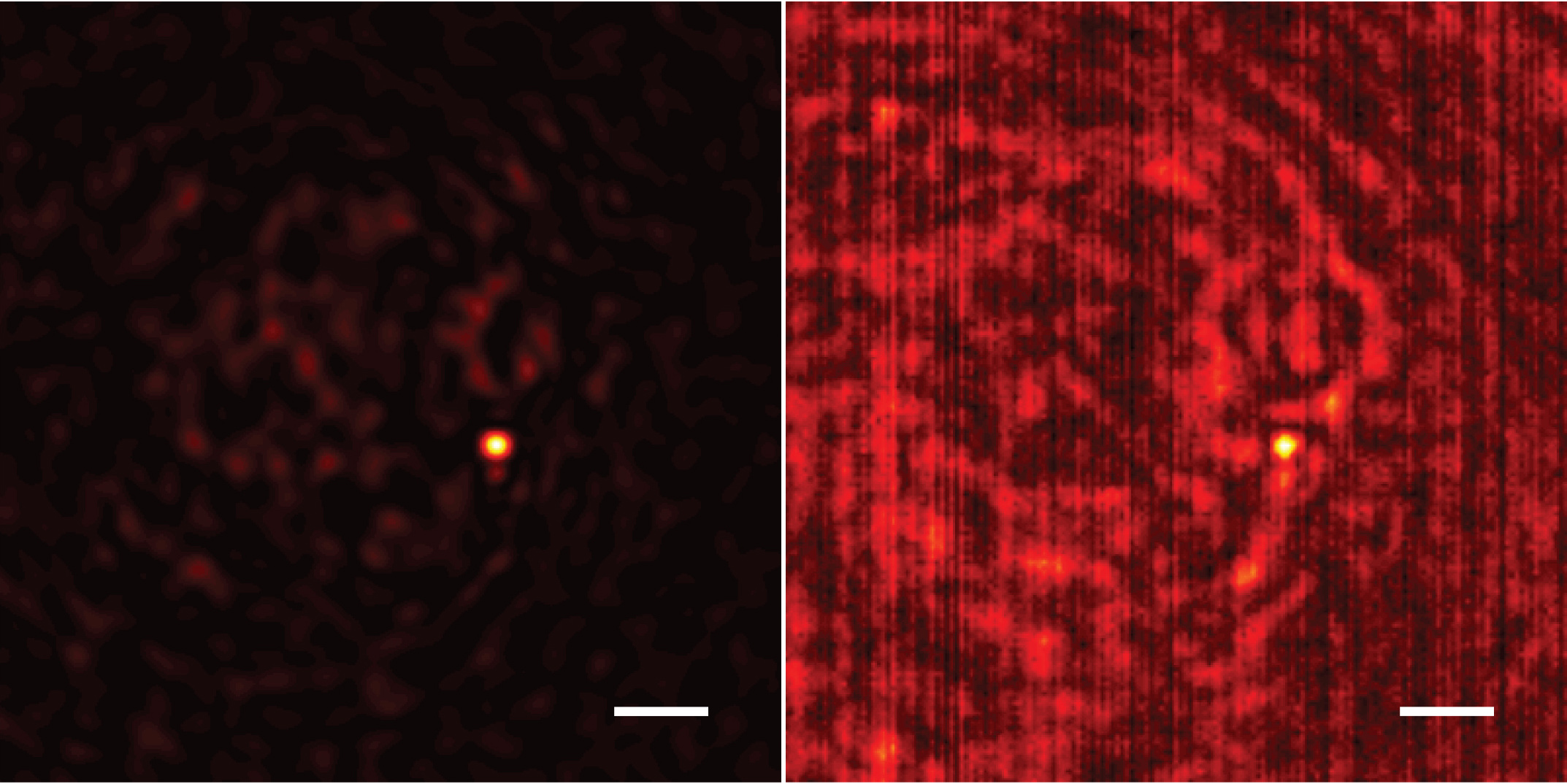 These images show the performance of the 1,550-nanometer optical element. The images are light-intensity profiles of the optical field as it appears approximately 185 micrometers above the surface of the optical element. To the left is a simulated light-intensity profile that predicts how the optical element should perform. Note the focal point of light near the center of the image. To the right, an actual light-intensity profile of the optical element, showing that the device does produce a focal point of light at the predicted location. The researchers designed the element to focus light at eight such points at different distances above the element’s surface. Scale bar is 10 micrometers. @ Alan Zhan/UW