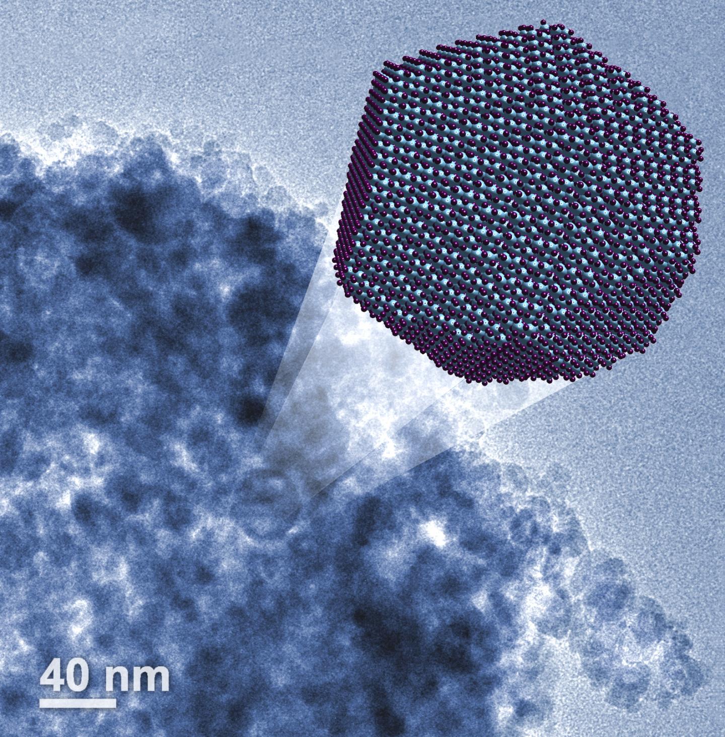 Three-dimensional visualization of corundum nanoparticles. A real microscopic image in the background (false colors). @ IFJ PAN, MPI Kofo