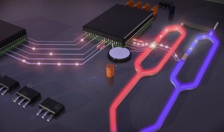 On this illustrated silicon chip (grey), electrical data (white) travels through the Mach-Zehnder interferometer (MZI) based electro-optical modulators, encoding electrical data into the optical domain by means of tunable plasmonic ITO-based phase shifters (golden patches atop both MZI sections) capable of operating at multiple wavelengths of light in the telecommunication-relevant C-band (red & purple). capable of operating at multiple wavelengths of light in the telecommunication-relevant C-band (red & purple), thus enhancing the speed and efficiency of optical applications such as data transmission or neural networks for artificial intelligence. @ Mario Miscuglio and Rubab Amin
