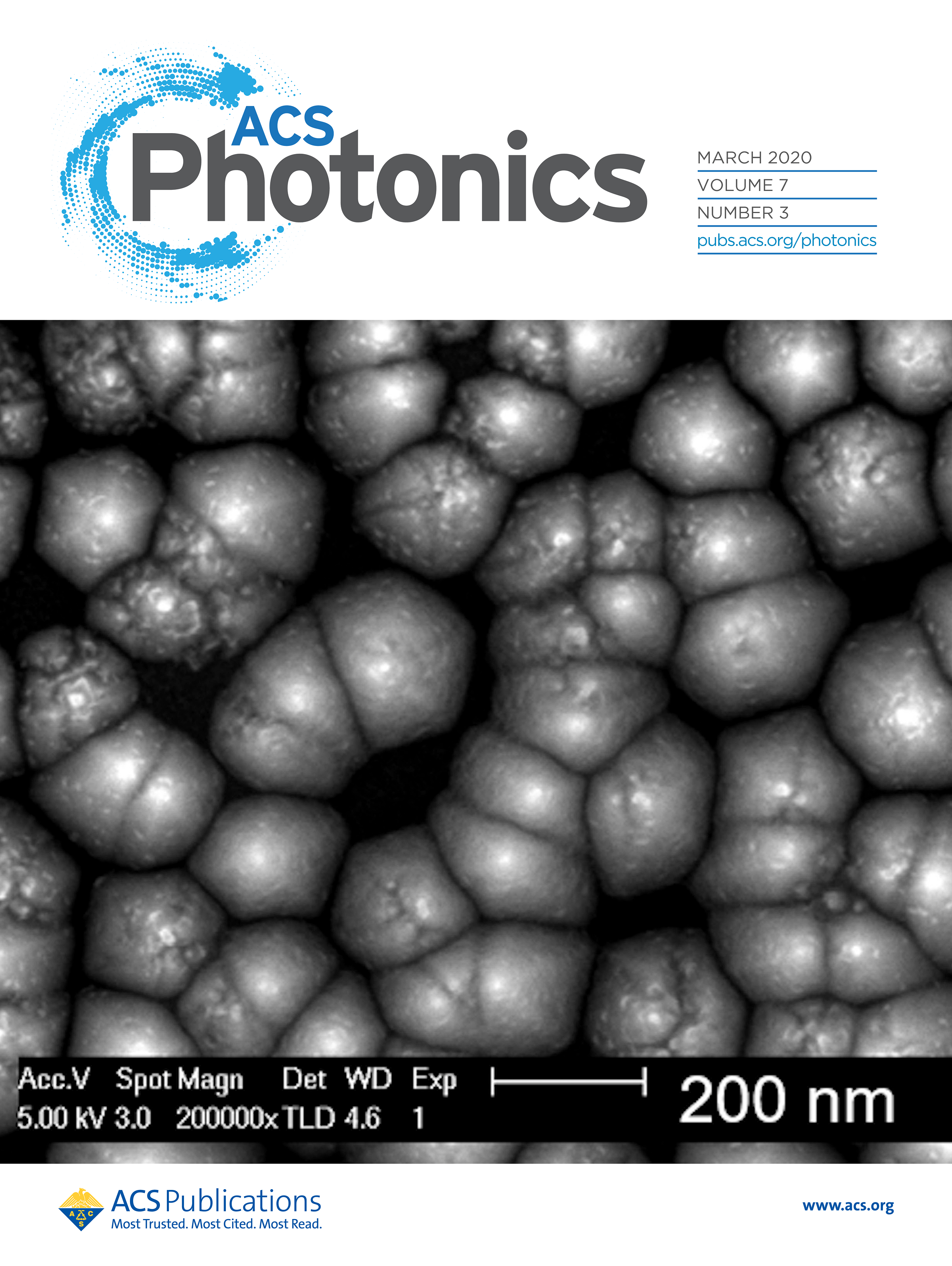 Depiction of submicron KOH roughening of the exposed pristine AlN, without assistance from above-bandgap photons. The roughening improves LEE by reducing the effective refractive index of AlN and results in favorable scattering geometries for light extraction. @ ACS Photonics cover March 18, 2020 Volume 7, Issue 3 Pages 547-852