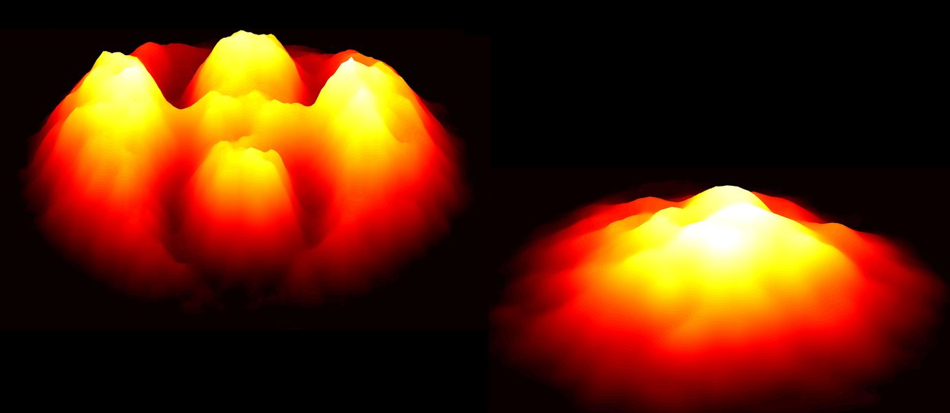 Particle densities related to the decay of the quantum knot (left), which surprised researchers by untying itself after a few microseconds and eventually turning into the spin vortex (right) @ Tuomas Ollikainen/Aalto University