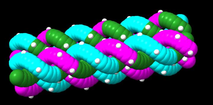 This representation shows gamma-modifications (in white) uniformly decorating the structure, increasing binding strength and providing chemical modification. @ College of Engineering, Carnegie Mellon University