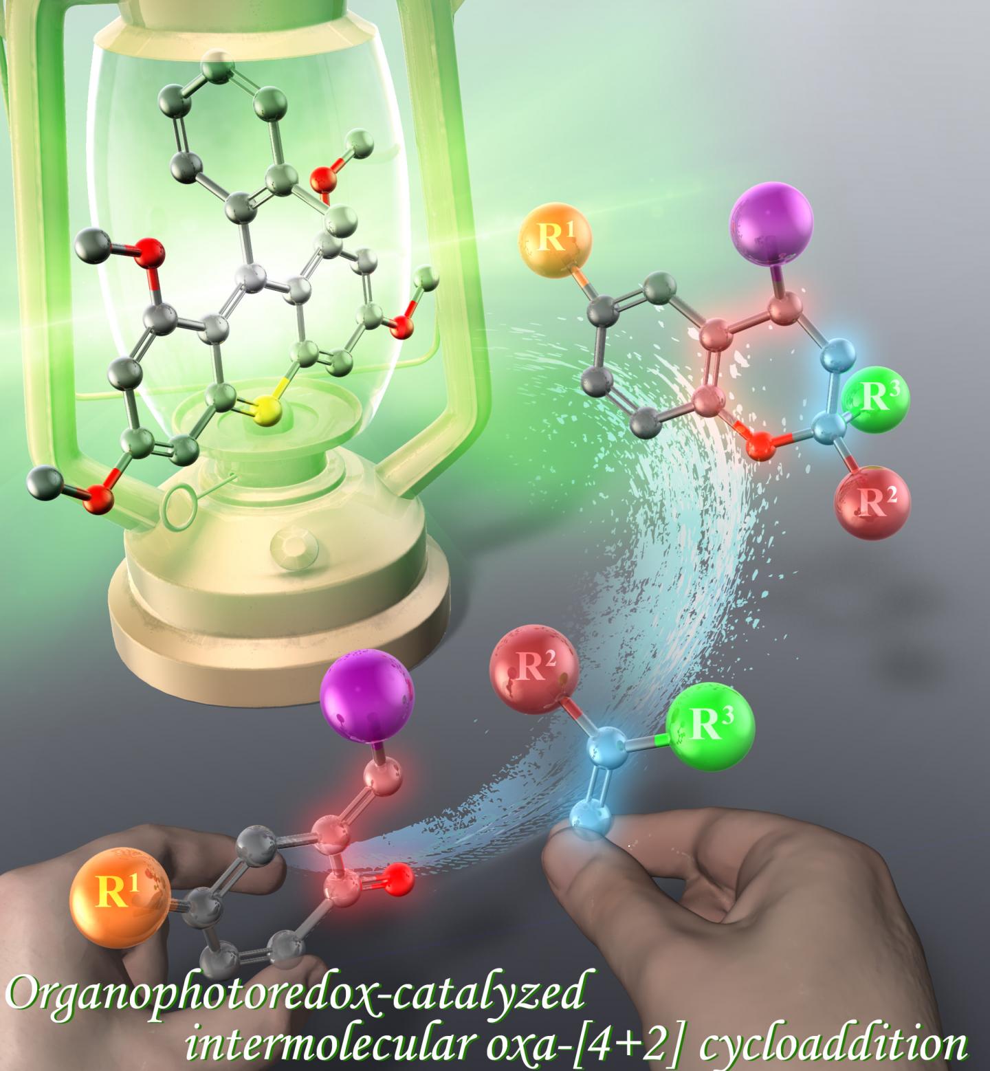 The picture illustrates the green-light-driven production of oxygen heterocycles. @ Yokohama National University