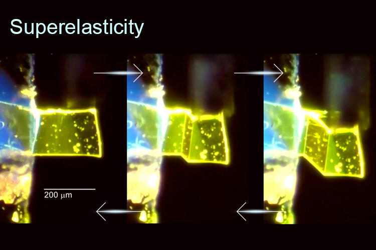 Researchers at The University of Tokyo and Yokohama City University create elastic fluorescent crystals that reversibly change color when bent or deformed. This work may lead to the development of durable mechanical sensors that require little or no external power. @ Institute of Industrial Science, The University of Tokyo