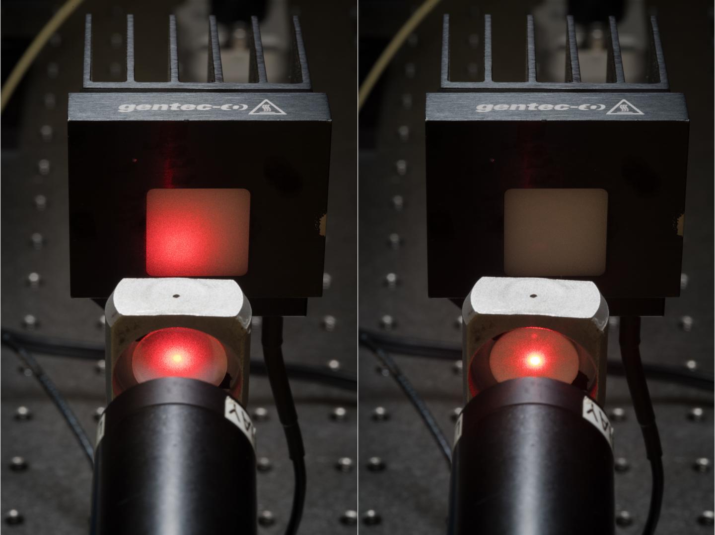 Optical transmission through a transparent ceramic (left) vs. a traditional opaque ceramic (right). CREDIT David Baillot/UC San Diego Jacobs School of Engineering