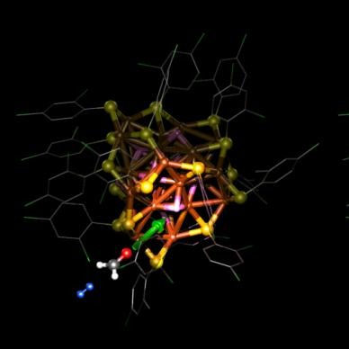 Atomic structure of the copper catalyst used in the hydrogenation reaction of a carbon-oxygen bond. Formaldehyde H2CO used as the model molecule in the simulations, takes two hydrogens from the copper; they move to the carbon-oxygen bond so that the molecule changes into a simple alcohol. After the reaction, a hydrogen molecule (blue) in the vicinity splits into two hydrogen atoms inside the copper. @Sami Malola, University of Jyväskylä