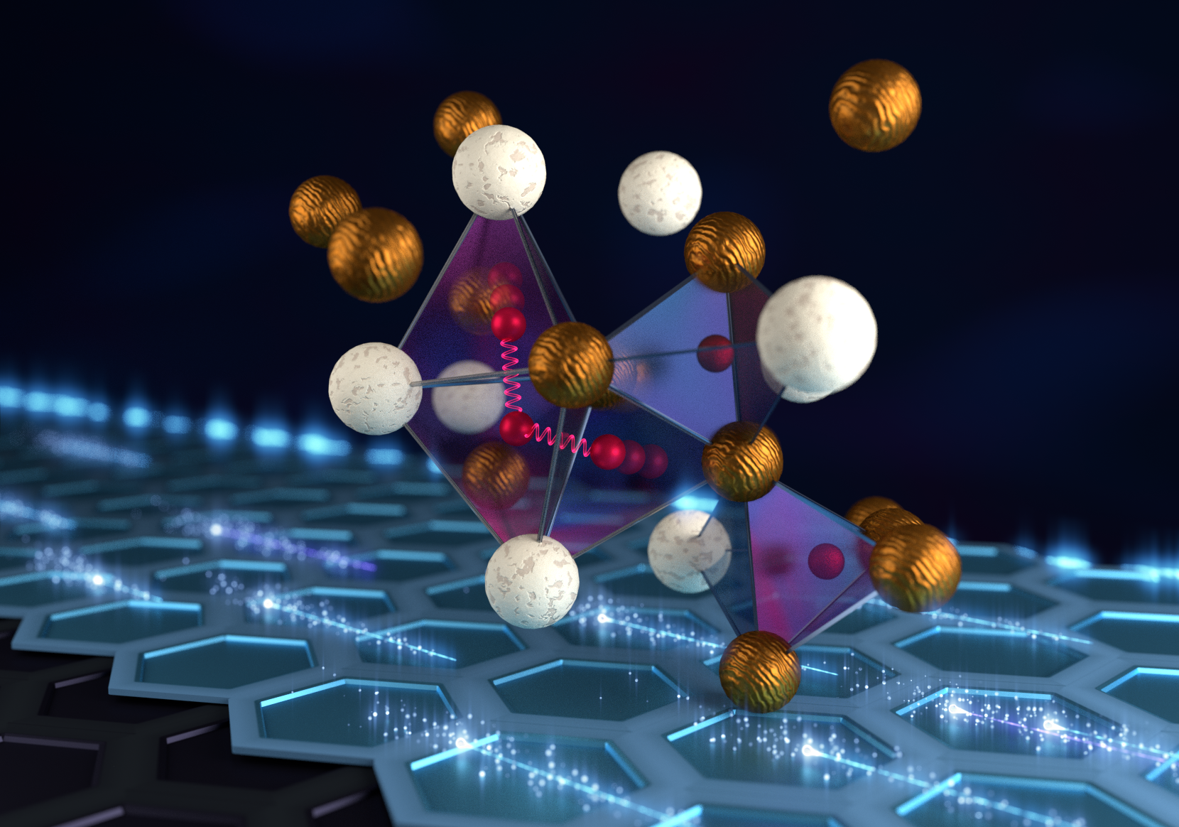 llustration of a zirconium vanadium hydride atomic structure at near ambient conditions as determined using neutron vibrational spectroscopy and the Titan supercomputer at Oak Ridge National Laboratory. The lattice is composed of vanadium atoms (in gold) and zirconium atoms (in white) enclosing hydrogen atoms (in red). Three hydrogen atoms are shown interacting at surprisingly small hydrogen-hydrogen atomic distances, as short as 1.6 angstroms. These smaller spacings between the atoms might allow packing significantly more hydrogen into the material to a point where it begins to superconduct. @: Jill Hemman/ORNL