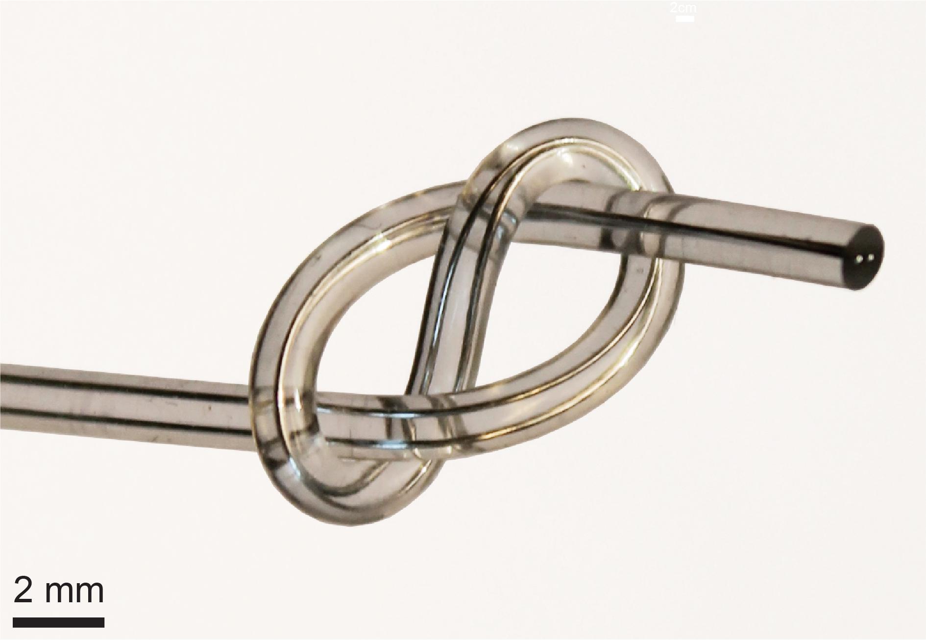 Photograph of a soft transmission line with two liquid metal conductors that run uniformly along its length. @ DOI: 10.1038/s41928-020-0415-y