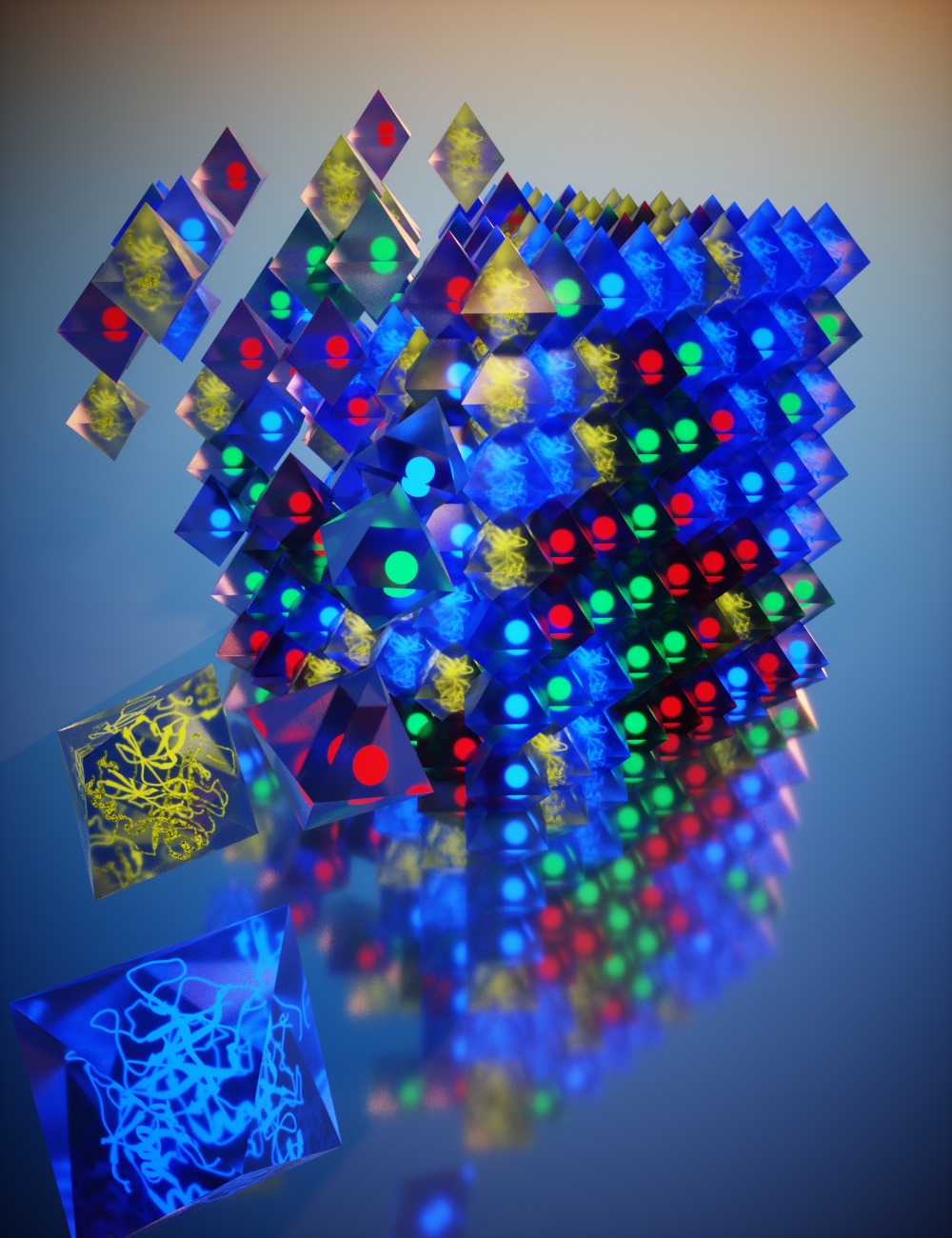 A schematic of the programmable assembly of 3-D ordered nanostructures from material voxels that can carry inorganic or organic nanoparticles with different functions, such as light emitters and absorbers, proteins, and enzymes with chemical activity. Material voxels are fabricated from DNA and nano-objects of different kinds, and their assembly is guided by the voxel design and DNA-programmable interactions. @ Brookhaven National Laboratory
