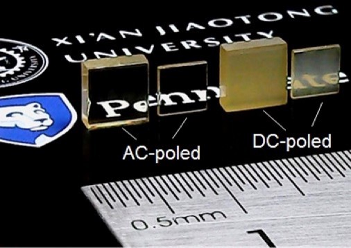 Transparent crystal of piezoelectric material comparing crystals that were treated with AC or DC electric fields. @ Bo Wang, Penn State