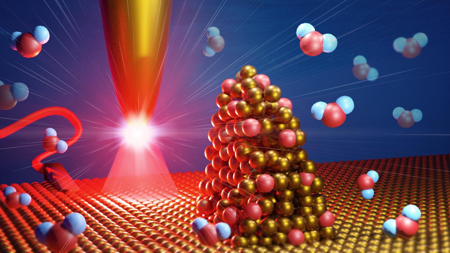 At rough areas of a catalyst surface, water is split into hydrogen and oxygen in a more energy efficient way than at smooth areas. © MPI-P