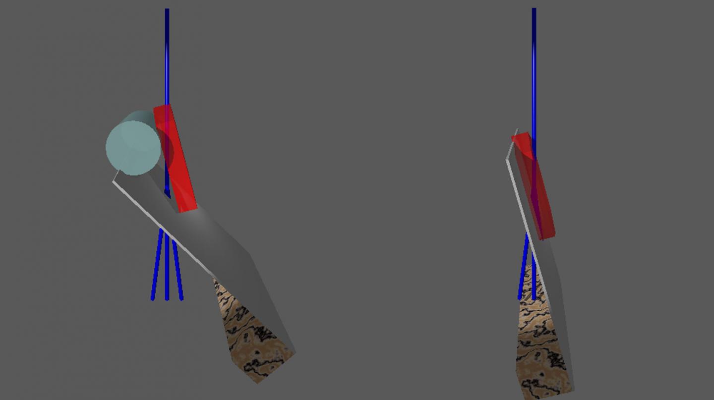A nylon fibre (light blue), deposited on the carbon carrier (grey), lifts up the crystal (red). This way, the crystal's side face becomes visible to the electron beam (blue). Without the fibre (right figure), the crystal lies flat on the carbon and the metal bar of the sample holder (marbled) occludes the signal. @ Tim Grüne