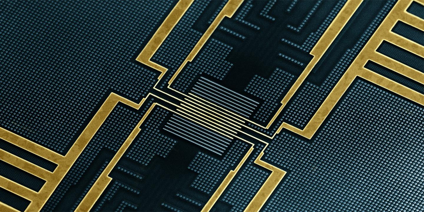 The chip produced by IMEC for the experiments at ETH. The tunnel junctions used to measure the timing of the magnetisation reversal are located at the centre @ IMEC