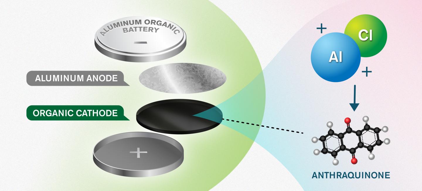 The new concept consists of an anode and cathode made of aluminium and an anthraquinone-based organic material, respectively. The organic cathode material enables efficient storage of the positive charge carriers from an aluminium and chlorine-based electrolyte - the solution in which ions can move between the electrodes. @ Yen Strandqvist/Chalmers University of Technology