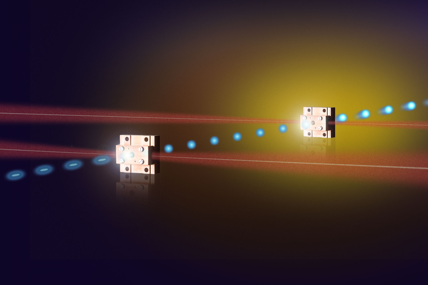 The two-stage miniature accelerator is operated with terahertz radiation (shown here in red). In a first step (left) the electron bunches (shown in blue) are compressed, in a second step (right) they are accelerated. The two individual elements are each about two centimetres wide. @ DESY, Gesine Born