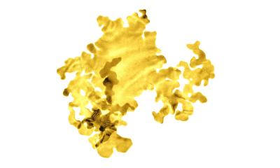 The image shows a gold nanosheet that is just two atoms thick. It has been artificially coloured. @ University of Leeds