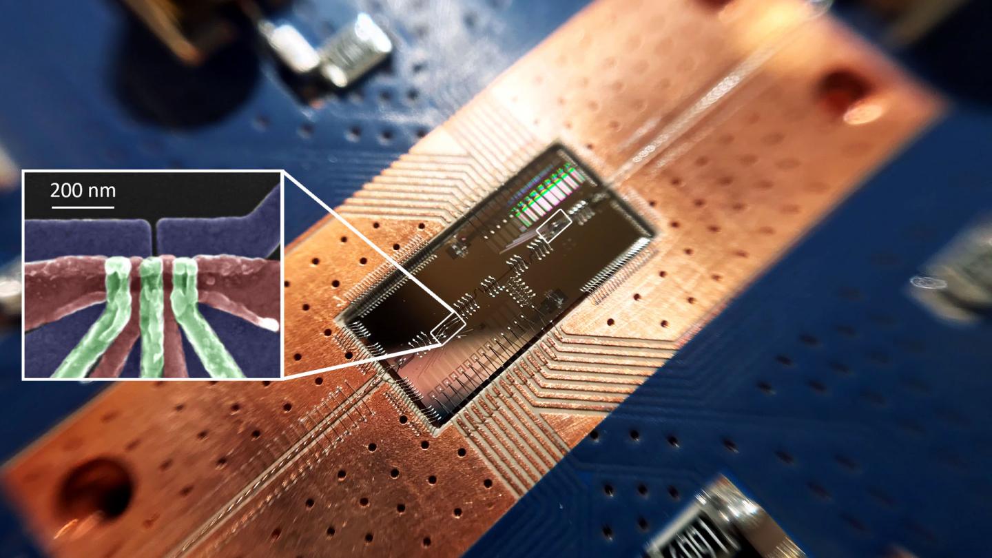 Researchers at Princeton University have made an important step forward in the quest to build a quantum computer using silicon components, which are prized for their low cost and versatility compared to the hardware in today's quantum computers. The team showed that a silicon-spin quantum bit (shown in the box) can communicate with another quantum bit located a significant distance away on a computer chip. The feat could enable connections between multiple quantum bits to perform complex calculations. @ Felix Borjans, Princeton University