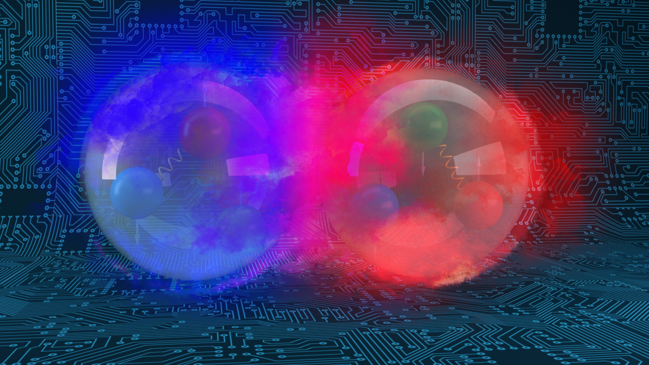 An image of a deuteron, the bound state of a proton (red) and a neutron (blue). @ Andy Sproles, ORNL