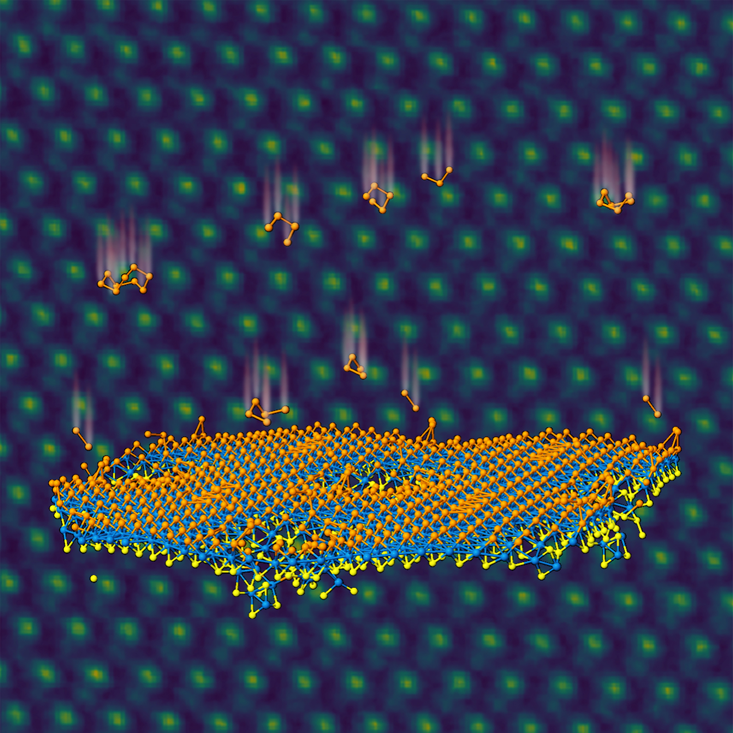 Selenium atoms, represented by orange, implant in a monolayer of blue tungsten and yellow sulfur to form a Janus layer. In the background, electron microscopy confirms atomic positions. @ Oak Ridge National Laboratory, U.S. Dept. of Energy