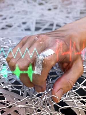 A photo of the film attached to a person’s finger. It can be used as a wearable sensor to monitor heart rate and other movement.@ RIKEN (Reproduced, with permission, from Ref. 1 © 2019 Wiley-VCH Verlag GmbH & Co. KGaA, Weinheim)