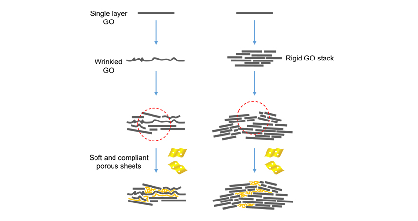 Large single layers of GO wrinkles easily, leaving breakable gaps. Small, hardflakes don't integrate well @ Northwestern University McCormick School of Engineering