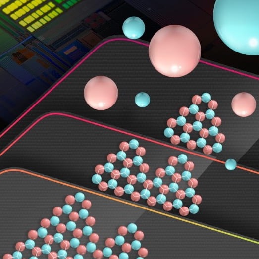 Atoms of boron and nitride align on a copper substrate to create a large-scale, ordered crystal of hexagonal boron nitride. The wafer-sized material could become a key insulator in future two-dimensional electronics. @ Tse-An Chen/TSMC
