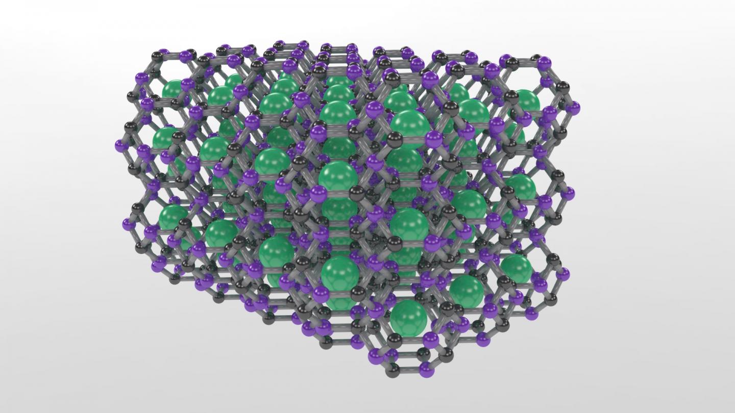 Carnegie's Tim Strobel and Li Zhu led a team that used advanced structure searching tools to predict the first thermodynamically stable carbon-based clathrate and then synthesized the clathrate structure, which is comprised of carbon-boron cages that trap strontium atoms, under high-pressure and high-temperature conditions. @ Tim Strobel.