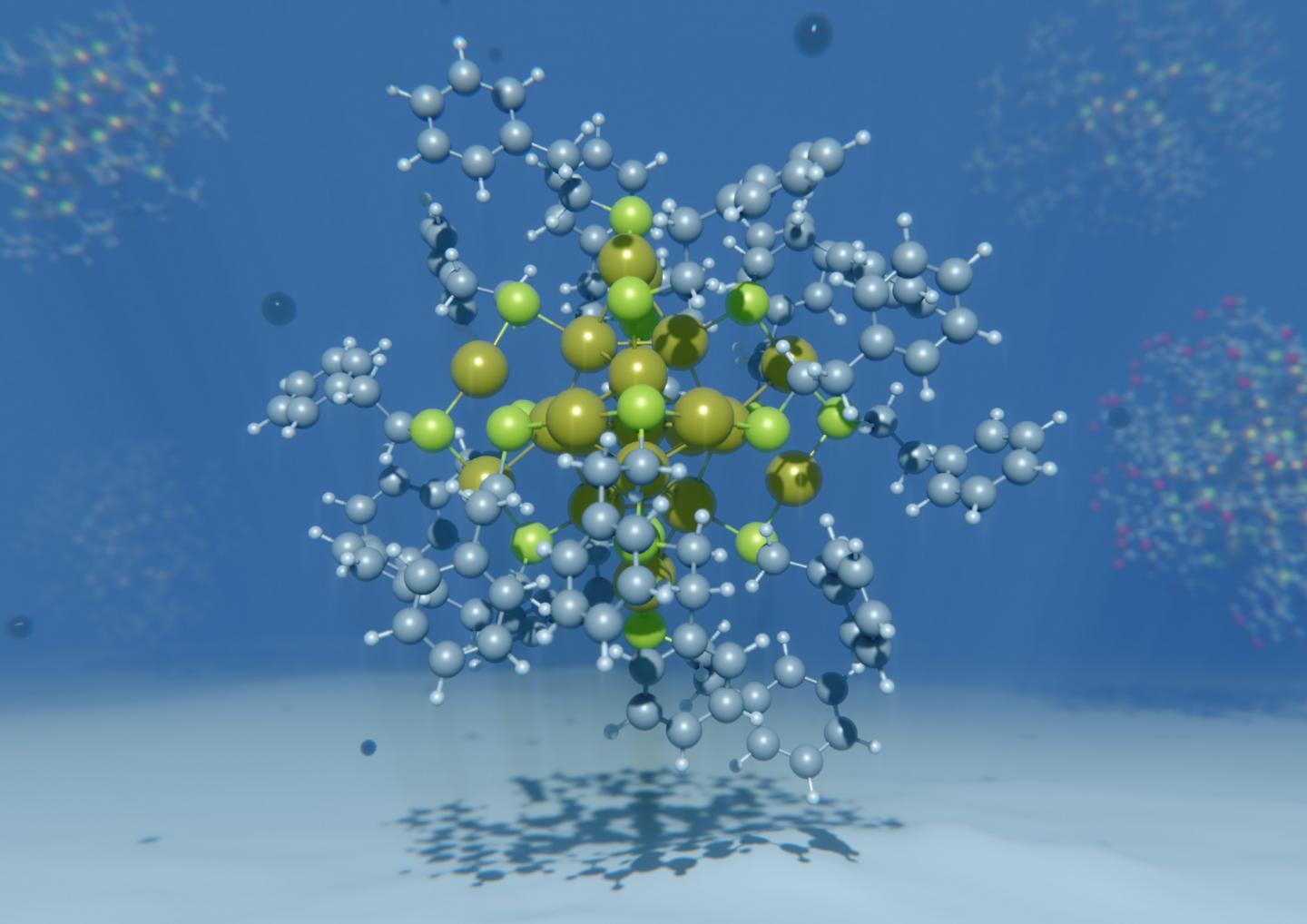 Illustration of the University of Pittsburgh's CANELa lab's nanocluster modeling that was featured on the cover of the journal Dalton Transactions. @ Mpourmpakis and Cowan.