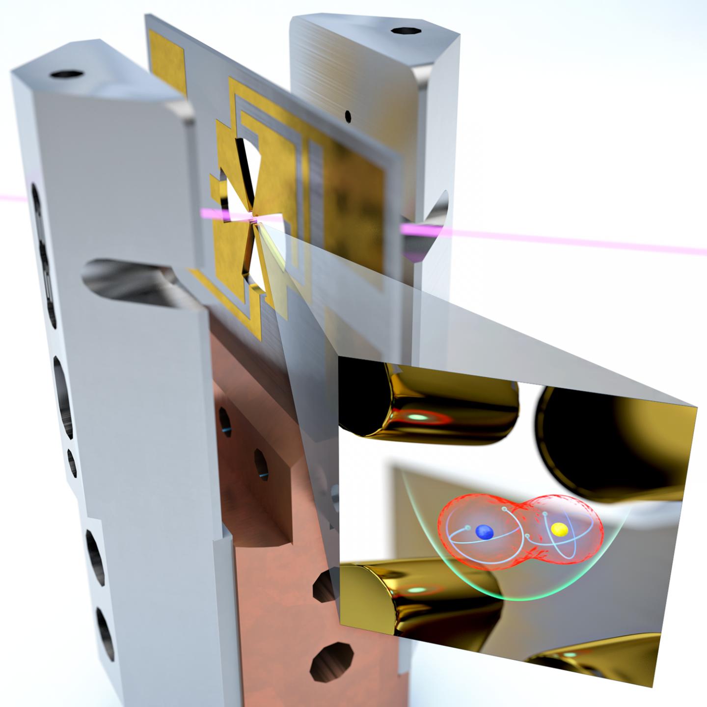 Illustration of the ion trap that forms the heart of NIST's quantum logic clock. The trap is the gold structure with the cross-shaped cutout. The inset shows the aluminum ion (blue), the source of the clock's "ticks," and the partner magnesium ion (yellow). @ S. Burrows/JILA