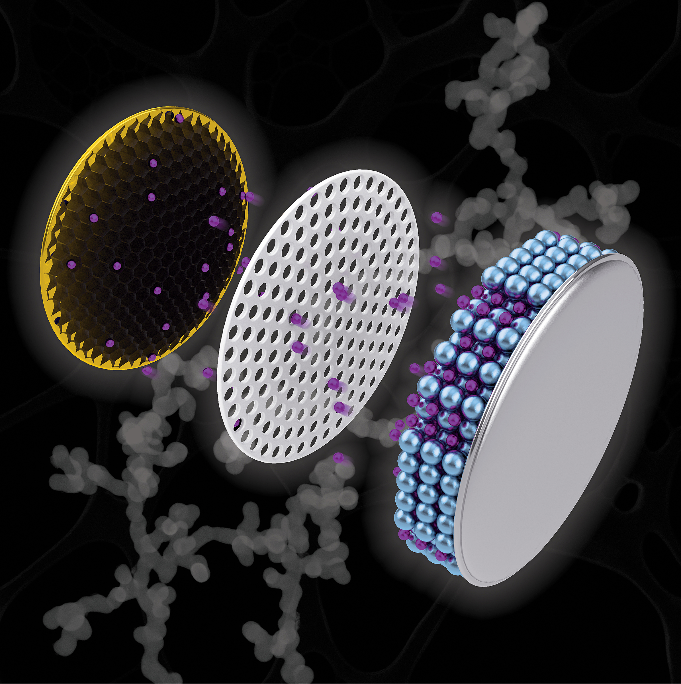 Artistic depiction of a coin cell battery with a copper electrode (left) containing a black nanochain structure, which researchers have discovered could increase the capacity of a battery and cut charging time. @ Purdue University illustration/Henry Hamann
