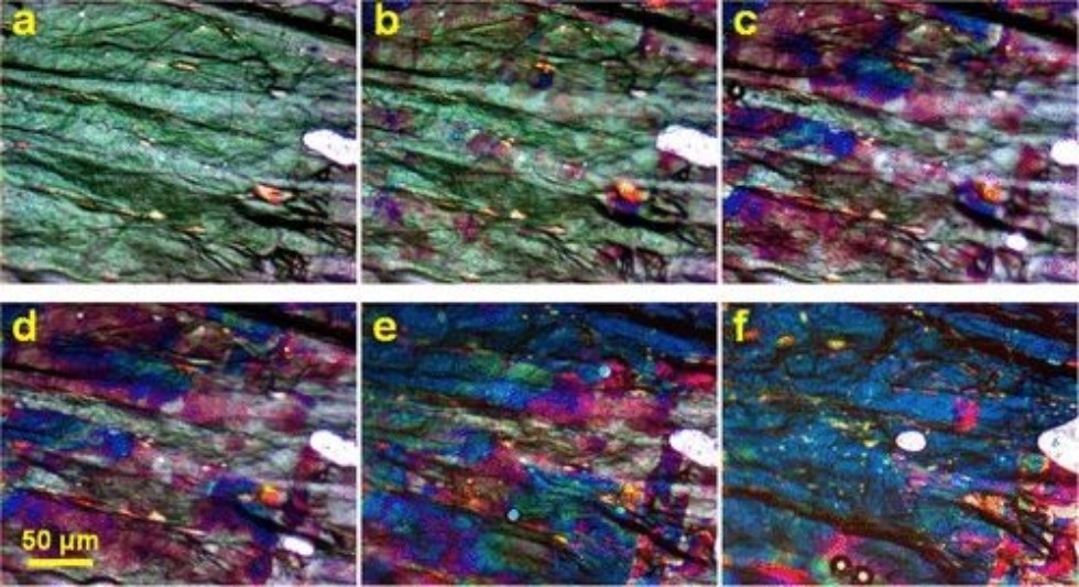 Optical micrographs showing transition of stage-2 GIC to stage-1 HOPG GIC. Reflected light. The stage-2 areas are greenish-white. The stage-1 areas are blue. The red-colored areas are the mixed stage. Note, the greenish tint of graphite surface on panels (a,b) is the artifact of the digital processing; the actual color is almost white. The white shapeless feature on the right of the micrographs is an air bubble. Acquired with the SPI-3 HOPG sample. @ Kazan Federal University