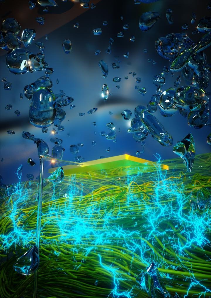 Graphic image of a thin film of protein nanowires generating electricity from atmospheric humidity. UMass Amherst researchers say the device can literally make electricity out of thin air. @ UMass Amherst/Yao and Lovley labs
