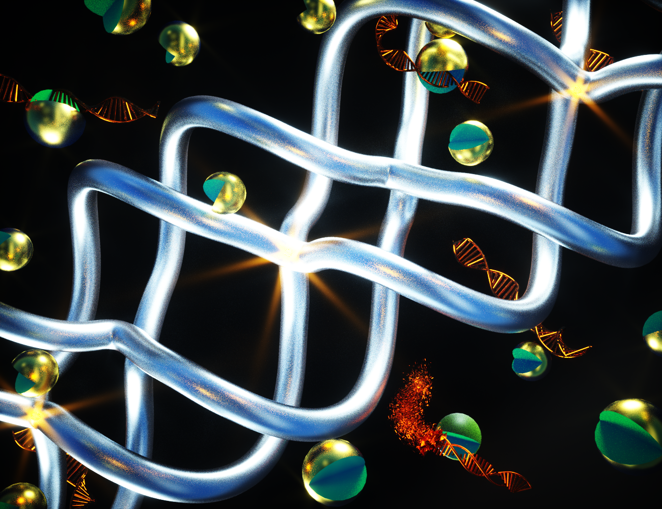 An artist’s rendition of the paranemic crossover (PX) DNA with enhanced biostability and nucleases degrading regular DNA duplexes. @ Ella Maru Studio