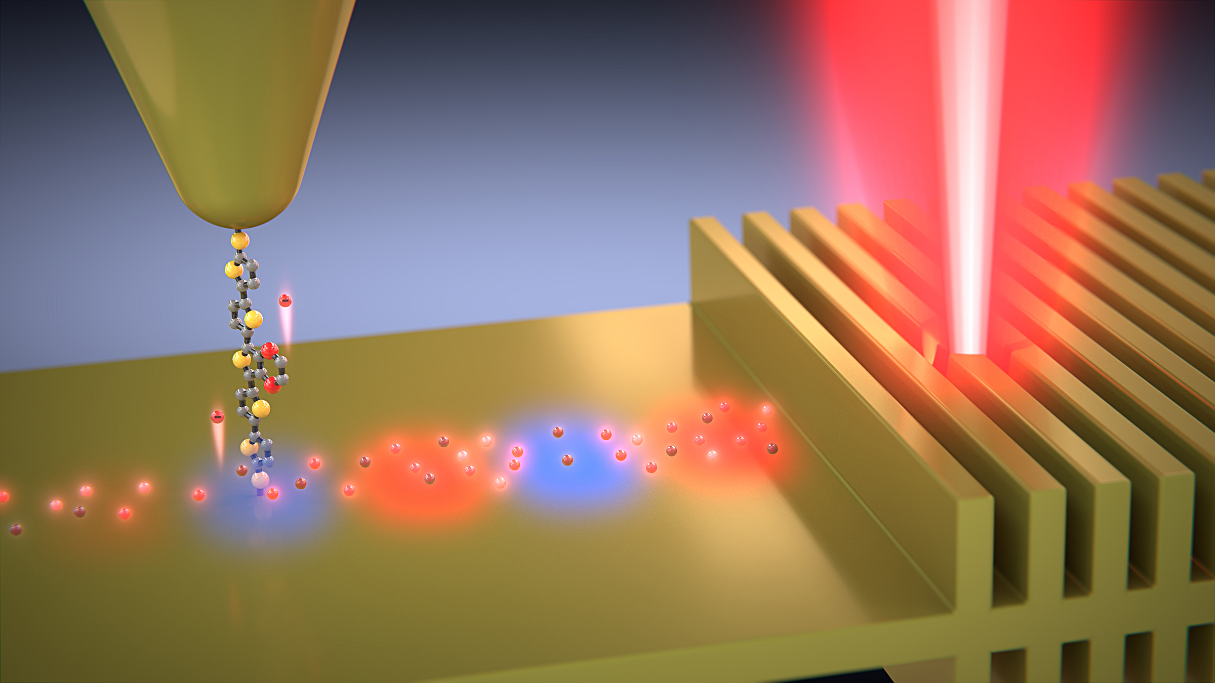 Researchers developed a technique that uses a scanning tunneling microscope integrated with lasers and other optical components to trap appropriate molecules and measure the energy distribution of hot electrons in a thin gold film. @ Enrique Sahagún