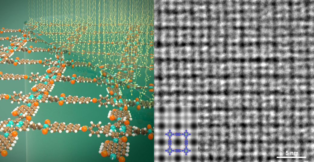 Left: Schematic illustration for the SMAIS method for 2D polymer synthesis (by Marc Hermann, TRICKLABOR). Right: High-resolution transmission electron microscopic image for 2D polyimide @ Dr. Haoyuan Qi, Uni Ulm