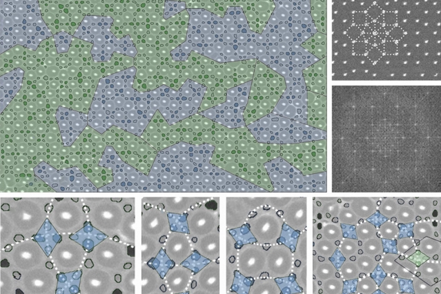 Scanning electron microscope images of the crystal structure of the block copolymer material, illustrating their unusual quasicrystal symmetries. Regions with different symmetry properties are highlighted in different colors, and examples of the different patterns, which resemble some ancient tiling patterns, are shown in the accompanying diagrams. @ MTI researchers.