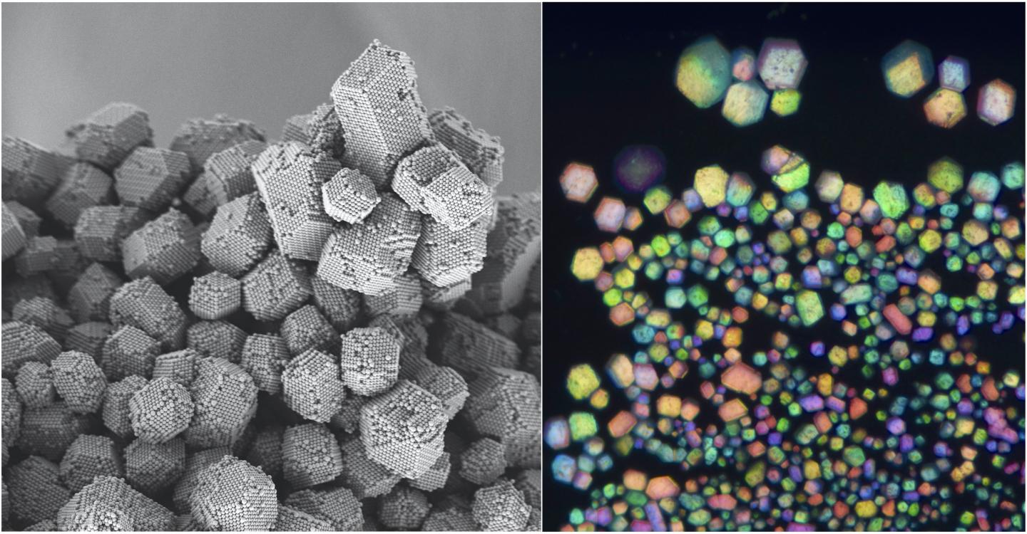 On the left, tiny crystals are imaged using a scanning electron microscope, distinguishing the individual building blocks, which consist of spherical polystyrene beads. On the right, larger crystals are imaged with a regular iPhone camera, revealing bright colors similar to naturally occurring opals. @ NYU