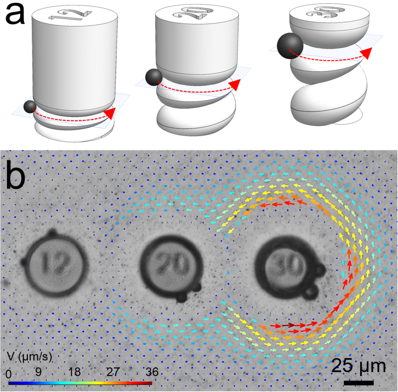 3D manipulation of microactuators and assembly of micromachines. (a) Rotating microactuators can be transported to a desired height for the assembly of micropumps. (b) 3D flows are generated with an array of micropumps, assembled by vertical transportation of magnetic microparticles of different sizes to different heights over serpentine columns. @ MPI_IS