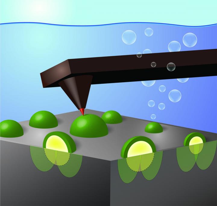 This illustration depicts a specially fitted electrode tip on an atomic force microscope providing a nanoscale view of activity occurring at the interface of a single-crystal silicon wafer coated with metallic nickel nanoparticles. @ Shannon Boettcher