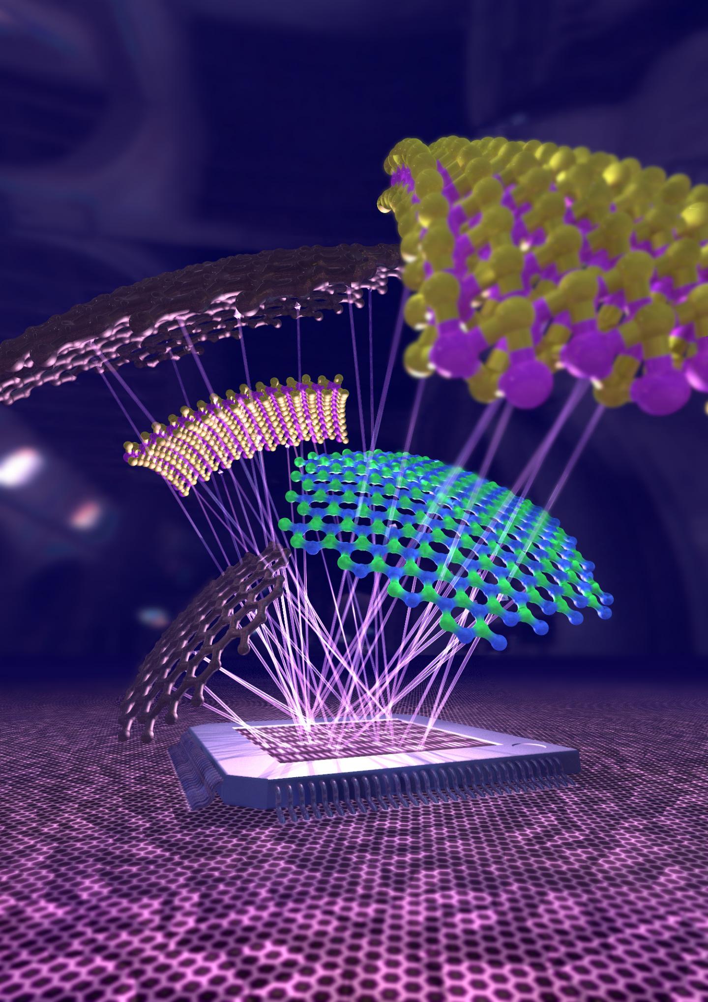 This is an artistic illustration of silicon technology combined with 2D materials. @ ICFO / F. Vialla