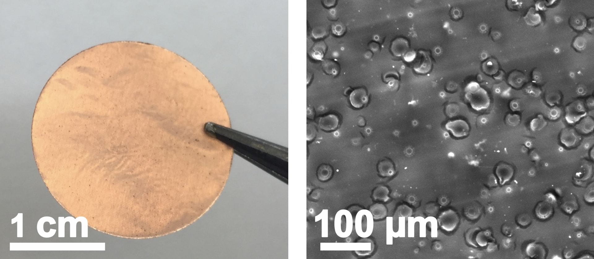 At left, a copper current collector with a laser-induced silicon oxide coating created at Rice University. At right, a scanning electron microscope image of the coating created by lasing adhesive tape on the copper collector. @ Tour Group/Rice University