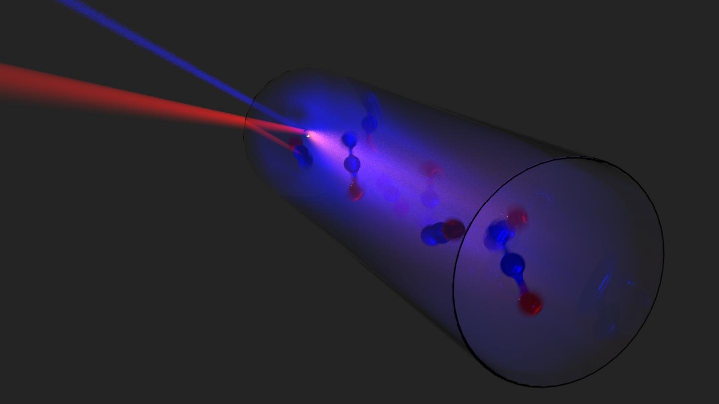 This is an artistic view of the QCL pumped THz laser showing the QCL beam (red) and the THz beam (blue) along with rotating N2O (laughing gas) molecules inside the cavity. @ Arman Amirzhan, Harvard SEAS