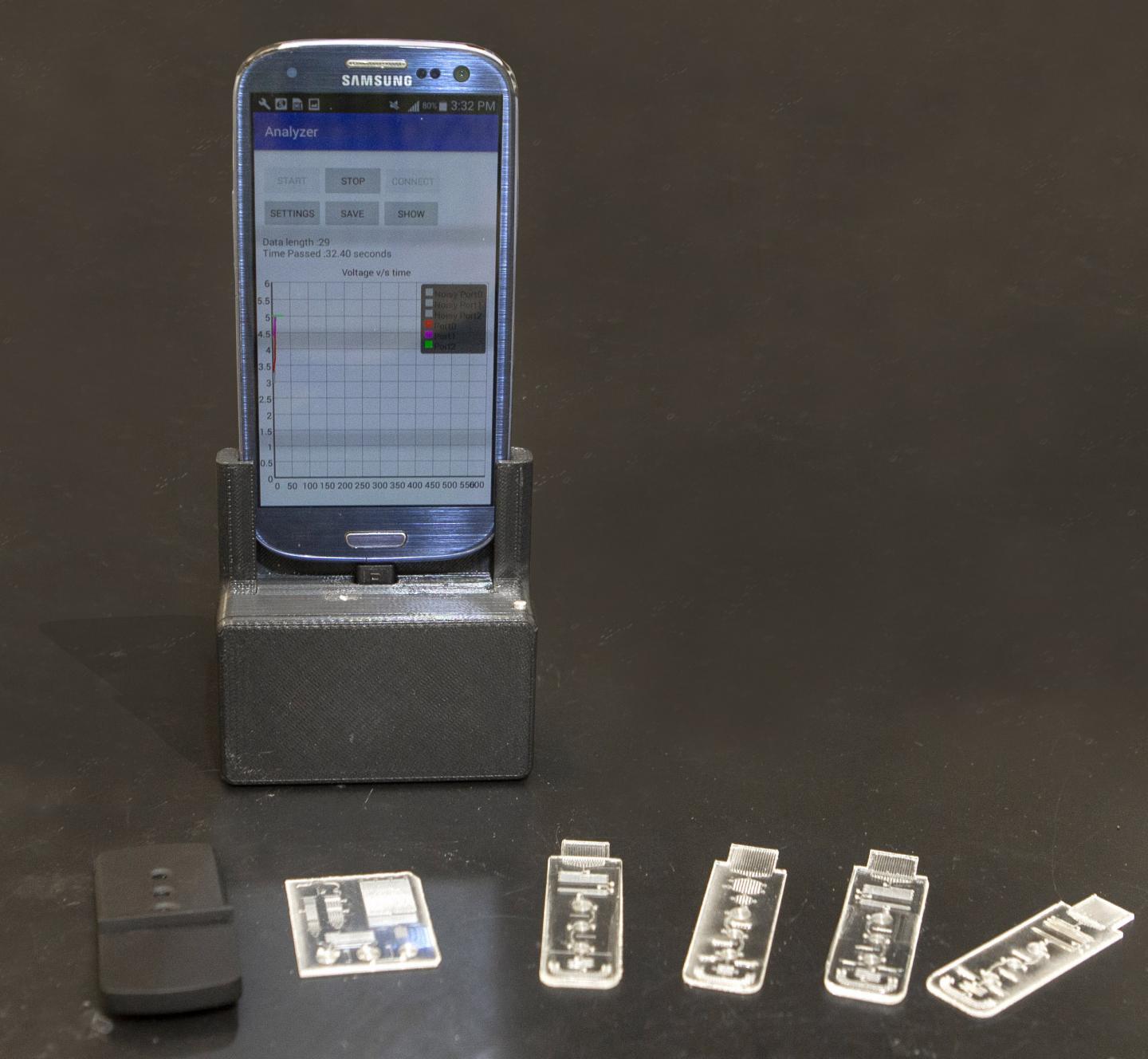 University of Cincinnati professor Chong Ahn developed a portable lab that plugs into your smartphone to diagnose diseases like malaria or coronavirus. The results are transmitted to your doctor over a custom app UC developed. @ Joseph Fuqua II/UC Creative Services