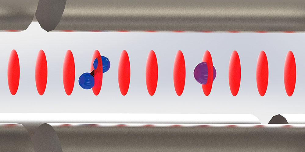 A charged nitrogen molecule is interrogated by a charged calcium atom in an optical lattice. @ University of Basel, Department of Chemistry