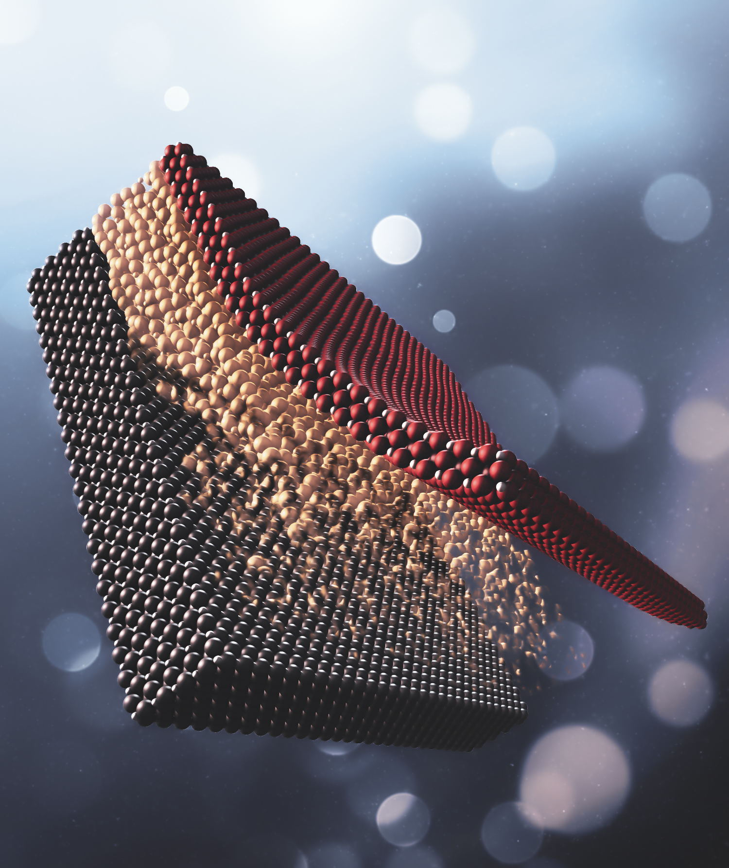 Researchers from SLAC National Accelerator Laboratory and Stanford University made a super-thin, flexible membrane from a normally brittle oxide by growing it on a surface coated with a compound that dissolves in water. When the coating was dissolved, the membrane (dark red) floated free. Stretching this membrane revealed how strain affects the material's electronic properties. @ Greg Stewart/SLAC National Accelerator Laboratory