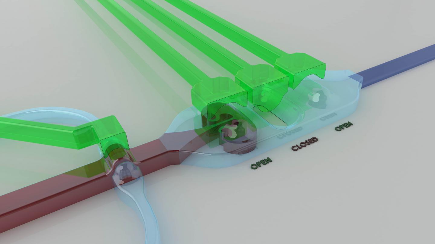The microfluidic chip features a unique system of tiny channels and pumps for rapidly manipulating fluids. @ RMIT University