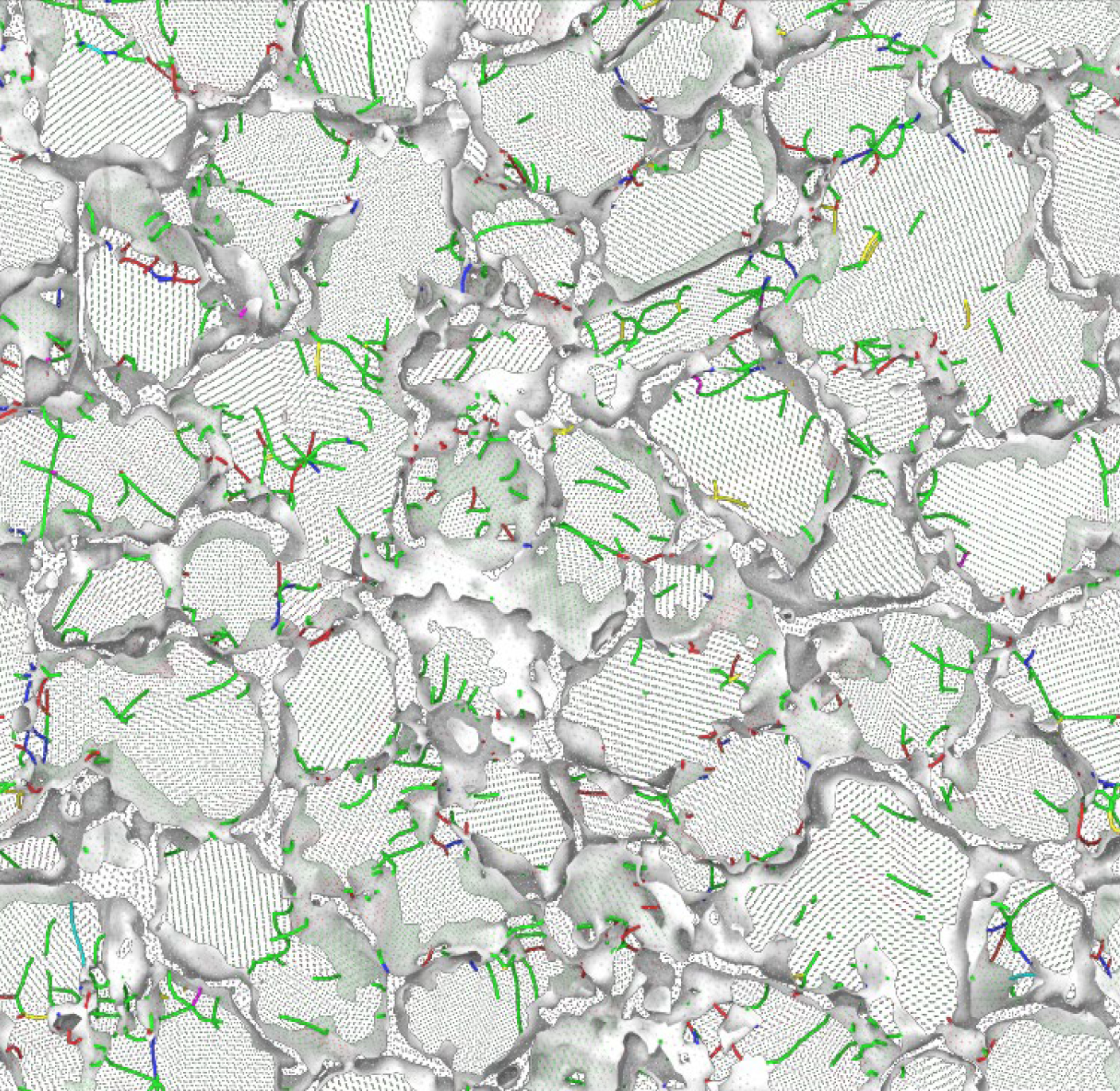 A simulation of 3-nm-grain-sized nickel under strain. Colored lines indicate partial or full grain dislocation. @ Zhou et al