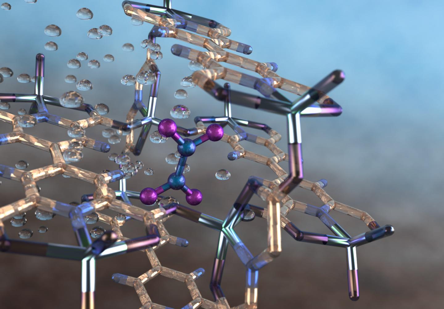 Illustration of a nitrogen dioxide molecule (depicted in blue and purple) captured in a nano-size pore of an MFM-520 metal-organic framework material as observed using neutron vibrational spectroscopy at Oak Ridge National Laboratory. @ Jill Hemman/Oak Ridge National Laboratory/US Dept. of Energy