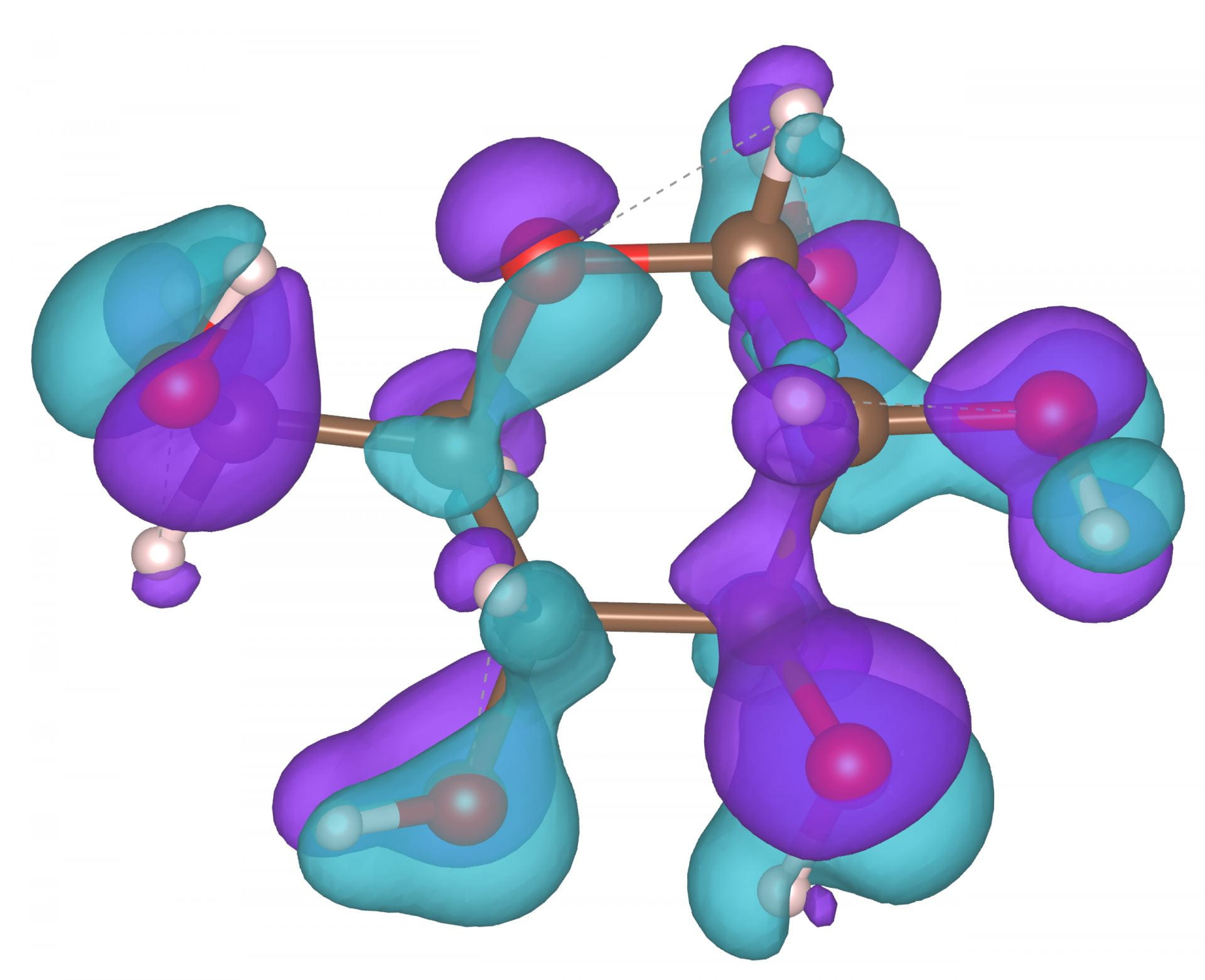 A model created at Rice University illustrates charge distribution in glucose. The light blue region shows the electron cloud distribution in a single glucose molecule. The purple regions show the drastic charge redistribution when anchored to Janus MoSSE and detected via surface-enhanced Raman spectroscopy @ Lou Group